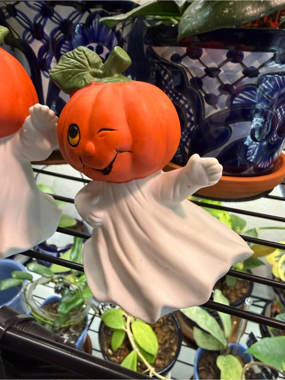 Vintage 1980s Ceramic Pumpkin Head Ghosts - Set of 2 Halloween Figurines